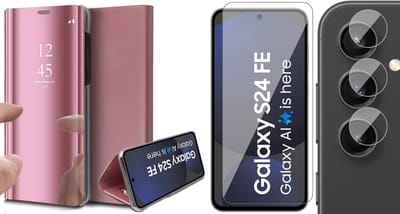 Hoesje geschikt voor Samsung Galaxy S24 FE - Screenprotector Glas & Camera - Spiegel Book Case Rosegoud