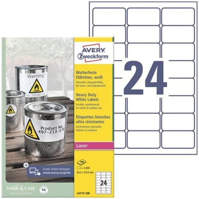 Avery-Zweckform L4773-100 Folie-etiketten 63.5 x 33.9 mm Polyester folie Wit 2400 stuk(s) Permanent hechtend Laser (kleur), Laser (zwart/wit),