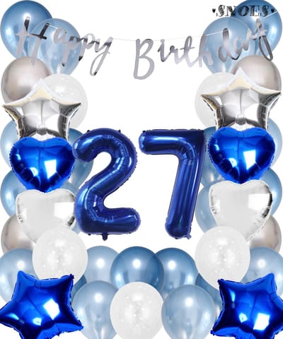 Snoes Ballonnen 27 Jaar Set Mega Blauw Zilver Ballon - Compleet Feestpakket Cijferballon 27 Jaar - Verjaardag Versiering Slinger Happy Birthday – Folieballon – Latex Ballonnen - Helium Ballonnen