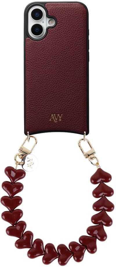 AVY Leren Hoesje Geschikt voor Apple iPhone 16 | Compatibel met MagSafe | Leather Case met Telefoonkoord | Polsband | Burgundy | Cupid Burgundy