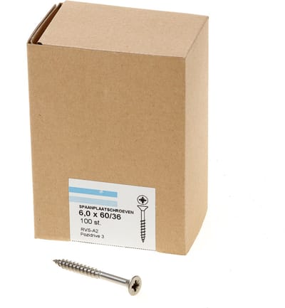 Hoenderdaal Spaanplaatschroef RVS platverzonken kop PZ3 deeldraad 6.0X60/35 (per 100 stuks)