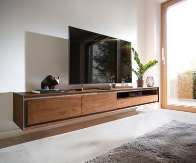 Tv-meubel Stonegrace acacia bruin steenfineer 240 cm 2 deuren 2 laden 1 legplank zwevend Tv-meubel