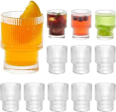 Set van 6 Premium Geribbelde Drinkglazen 200ml - frisdrank glazen - Origami Stijl Stapelbaar Glaswerk voor Water, Melk Frisdrank