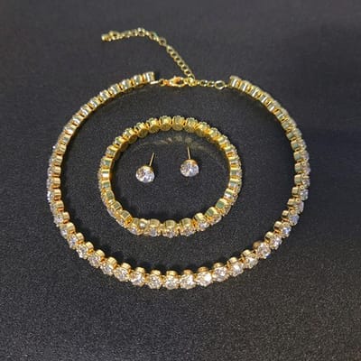 Bruidsglans Strass Sieradenset, Rond Vol Diamant Armband, Oorbellen Ketting Drie Delen Set black