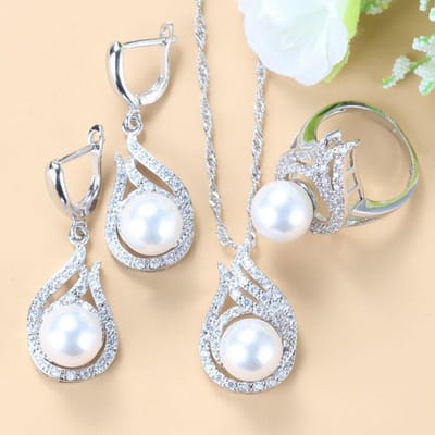 Ensembles de Bijoux Adorable Princesse Rose Perles d'Eau Douce Naturelles Mariage Costume Boucles d'Oreilles Pendantes Bague Collier Ensembles pour Femmes resizable white