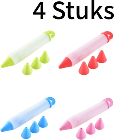 4 stuks - Siliconen decoratiepennen set - Schrijven tekenen DIY - Essentieel voor taartdecoratie - Fijne punt lekvrij - Lange levensduur - Meerkleurig