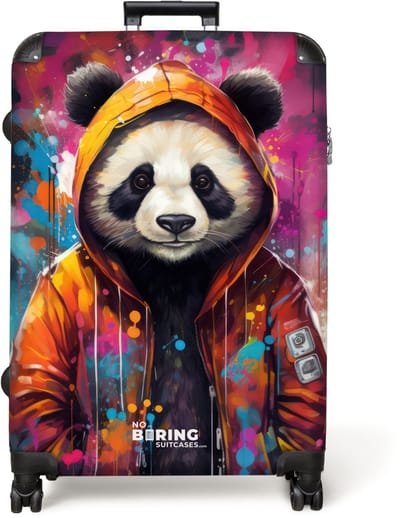 NoBoringSuitcases.com® - Koffer groot - Reiskoffer lichtgewicht - Panda met oranje jas en verfspetters - Rolkoffer met 4 wielen - Grote trolley XL - 98 liter bagage