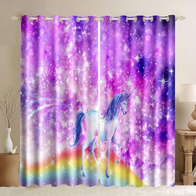 Eenhoorn 90% Verduisteringsgordijn Regenboog Dikke Raamgordijnen Eenhoorn Slaapkamerdecoratie voor Meisjes Kinderkamer Verduisterende Raambekleding W50H130(CM)x2&Grommet Top