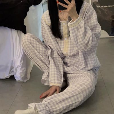 Pyjama Sets met Lange Mouwen voor Dames O-hals Geruit Bedrukt Nachtkleding Pyjama's Nachtkleding Set Jong Meisje Pijama Set Femme Homewear XL paars