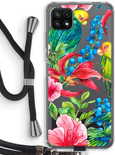Case Company® - Hoesje met koord geschikt voor Samsung Galaxy A22 5G hoesje met Koord - Papegaaien - Telefoonhoesje met Zwart Koord - Bescherming aan alle Kanten en Over de Schermrand
