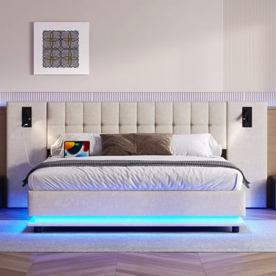 Gestoffeerd bed 180x200 cm - met LED-verlichting - met gestippeld hoofdeinde - met USB - zonder matras - beige