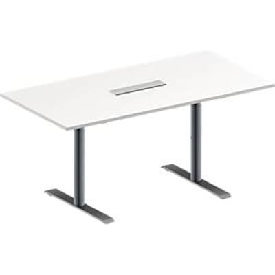 Schäfer Shop Genius Vergadertafel MODENA FLEX, in hoogte verstelbaar, 6-voudige contactdoos, rechthoekige vorm, T-poot ronde buis, B 1600 x D 800 mm, wit