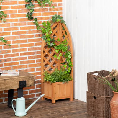 MEUNIQ Plantenbak met klimrek 32 x 32 x 108 cm, vierkante houten staande plantenbak met afwateringsgat, voor binnen en buiten, balkon terras tuin, bruin