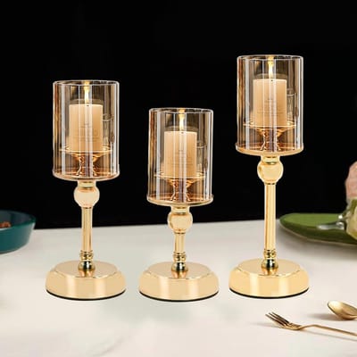 Kaarsenhouder Set - Decoratieve Kandelaars - Tafel Decoratie - Met Glazen Deksel - 3 Maten - Goud