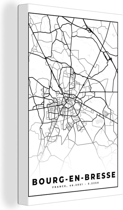 Canvas Schilderij Stadskaart – Frankrijk – Kaart – Bourg-en-Bresse - Plattegrond - Zwart wit - 20x30 cm - Wanddecoratie