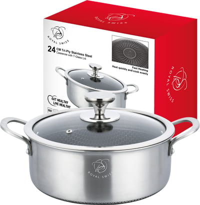 Royal Swiss® Braadpan 24 cm - Tri-Ply RVS Honingraat - Inductie Geschikt - PFAS-vrij - Met Glazen Deksel