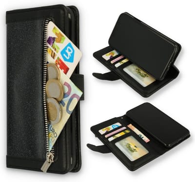 HB Hoesje Geschikt voor Apple iPhone 11 - Zwart - Glitter - Luxe Portemonnee Book Case met Rits
