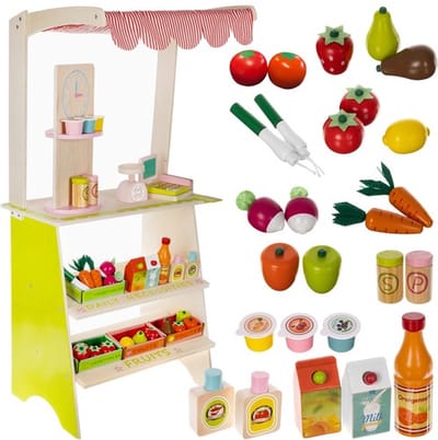 Houten fruitkraam - winkeltje - fruitstal - speelgoed - supermarkt - rollenspel - met accesoires