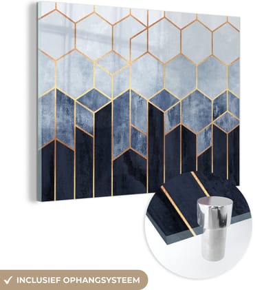 MuchoWow® Glasschilderij 120x90 cm - Schilderij acrylglas - Hexagon - Gold - Luxe - Patronen - Foto op glas - Schilderijen