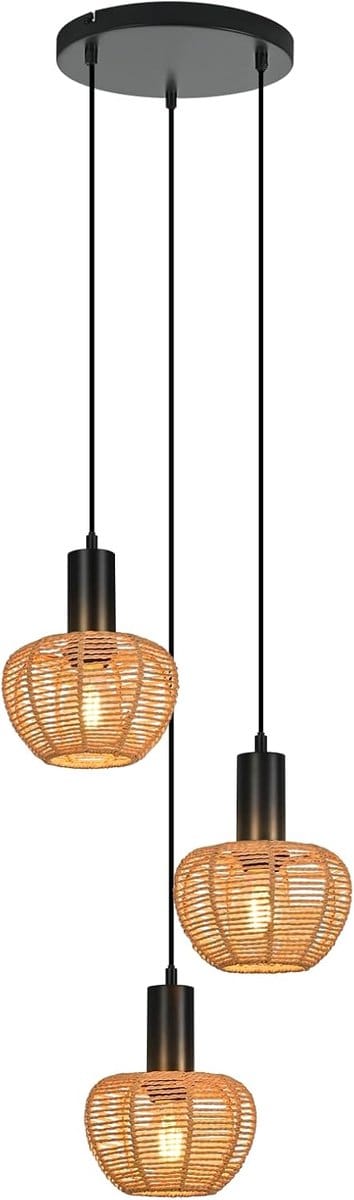 Glitzerlife - Hanglampen - Boho Retro Vintage Rond - 3xE27 - Verstelbare hoogte - Hanfseil rattan ijzer - Ø18cm - 25W -eetkamer verstelbaar - Eetkamer Slaapkamer Woonkamer