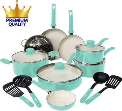 COOCK 22-Delige Pannenset Inductie - Speciale Anti-Aanbak Coating - Ergonomische Koudgrepen - Gerecycled Aluminium - koekenpannenset - kookpottenset - Turqoise (Groen) - Inclusief Onderzetters en E-book