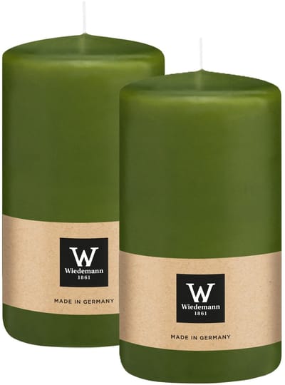 Wiedemann Cilinderkaars/stompkaars - 2x - olijfgroen - 12 x 6 cm - 33 branduren - zuilkaarsen
