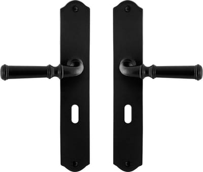 Deurkruk op schild - Smeedijzer zwart - Gietijzer - GPF - GPF6220.60 smeedijzer zwarte Deurklink Meri op BB56, 238x41x4mm