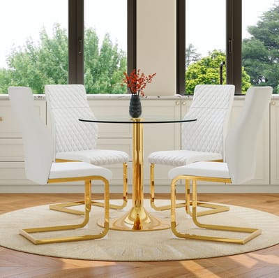 Set Tafel En Stoelen - Ronde Eettafel Met 4 Stoelen - Transparant Gehard Glas - Voor Eethoek En Restaurant - Metaal Wit Goud