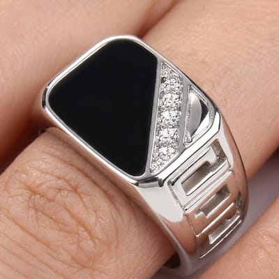 Zilverkleurige zegelring heren zwarte steen ring maat 8 geometrische zegelring statement ring met steendetail brede heren ring klassieke stijl