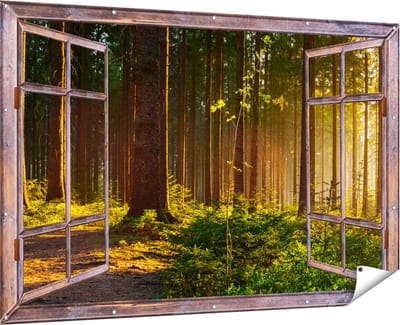 Gards Tuinposter Doorkijk Bos met Zon tussen de Bomen - 180x120 cm - Tuindoek - Tuindecoratie - Wanddecoratie buiten - Tuinschilderij