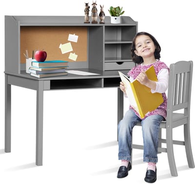 COSTWAY Kinderbureauset met prikbord, bureau voor kinderen met stoel, jeugdbureau met opzetstuk, laden en verstelbaar rek, houten studentenbureau voor kinderkamer (grijs)