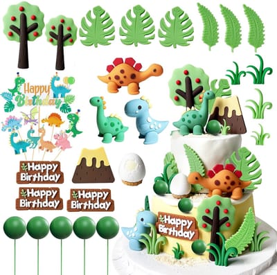 Dailygoods- Taartdecoratie Dinosaurus-set - 34 Stuks - Vulkaan - Bomen - Eieren - Herbruikbaar Materiaal - Veelkleurig - Taartversiering