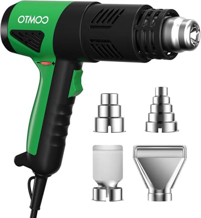Heteluchtföhn, 1800 W, verwarmd in 1,5 s, 50 ° C-650 °C, 2 snelheden en oververhittingsbeveiliging, met beschermkap, 1,8 m kabel, voor het afbijten van verf, voertuigbeplakken (4 sproeiers)