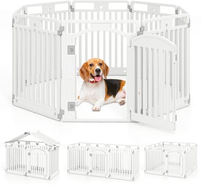 COSTWAY Puppyren opvouwbaar, puppyren met 8 panelen, afsluitbare deur en vloernagels, 80 cm hoog, hondenren voor binnen en buiten, voor binnen en buiten, voor honden, hondenren van kunststof, wit (8
