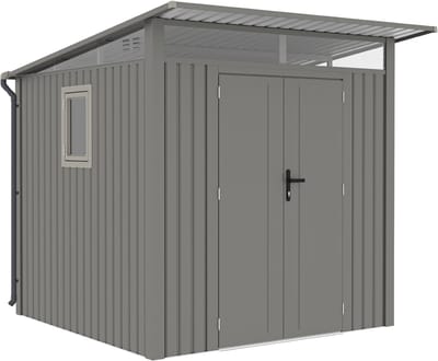 Rockford Porto 200 metalen tuinhuis met lessenaarsdak - Tuinschuur met centraal slot, polycarbonaat ramen en regenpijpen - 232 x 254 cm - Grijs