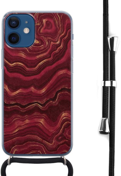 Hoesje met koord - Geschikt voor iPhone 12 Mini - Marmer rood agate - Verstelbaar zwart koord - Transparant - Print / Illustratie - Leuke Telefoonhoesjes