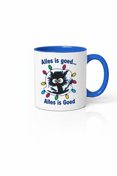 “Alles is Goed” 330ml Wit met Blauwe Koffiemok – Schattig Kerst Kat Design – Grappig Feestelijk Cadeau voor Kattenliefhebbers