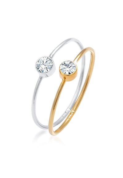 Elli - Ring - Dames Stapelen Set van 2 Eenzaam Basis Tweekleurig met Kristal in 925 Sterling Zilver Verguld - Dames