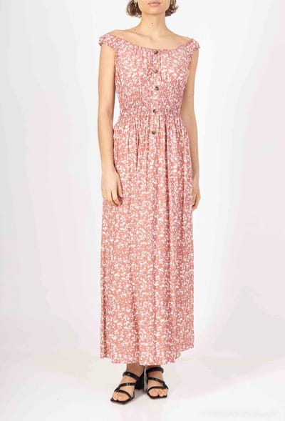 Lange dames jurk Fieke-gebloemd motief-oud roze wit-maat S/M-strandjurk