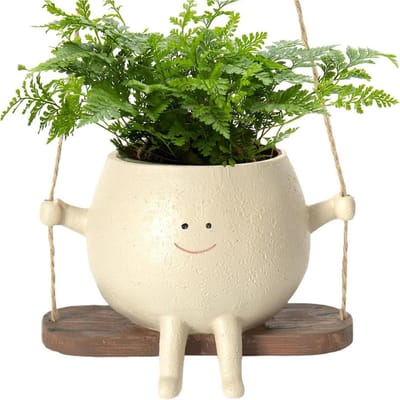 GELLDG Hangende plantenbak - Geschikt voor binnen en buiten - Kunsthars plantenbak - Met smiley en schommel - Ideaal voor vetplanten
