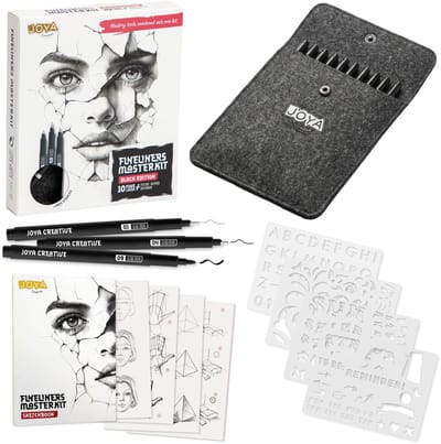 Joya Creative Fineliners Zwart Set - 10 Fineliners met Verschillende Diktes - Pen Case - Schetsboek - Brush Pen - Handlettering en Manga Tekenen