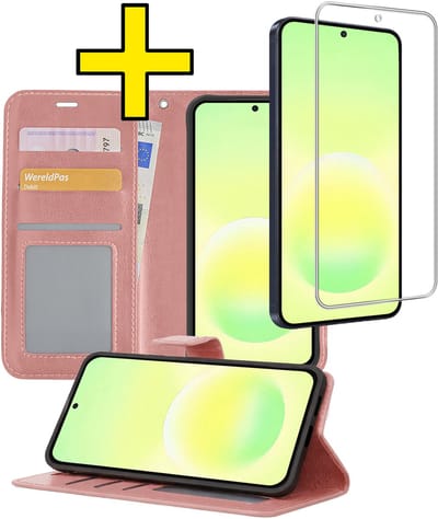 Hoesje - Met Screenprotector - Geschikt voor Samsung Galaxy A57 - Luxe Pasjeshouder - Bookcase Portemonee - Flip Case - Kunstleer Book Case - Flipcase - Book Cover - Walletcase - Portemonneehoes - Telefoonhoesjes - Rosé goud