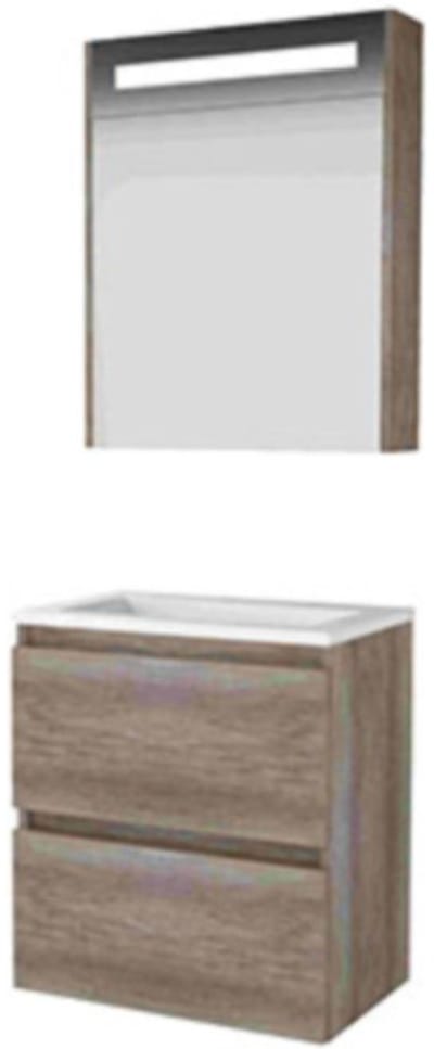 Basic-Line Premium 39 Badkamermeubelset - Ondiep - 60 x 39 cm - Greeploos - 2 Lades - Acryl Wastafel - Zonder Kraangat - Spiegelkast met LED Verlichting - Scotch Oak