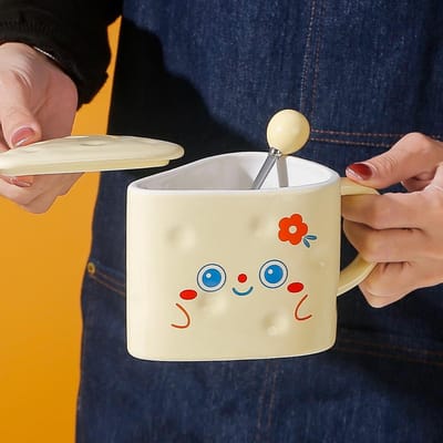 Creatieve Mok Cartoon Kaasbeker Keramische Beker Schattig met Deksel Lepel Cadeau Koffie Koppel Waterbeker 401-500ml