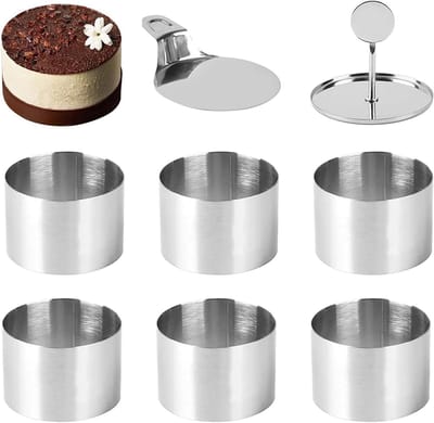 6 Stuks Roestvrijstalen Taartringen voor Bakken, Ronde Dessertmallen met Voedselpers en Spatel, Antiaanbaklaag Bakringen voor Mini Cheesecakes, Mousse en Gebak