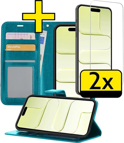 Hoesje - Met 2x Screenprotector - Geschikt voor Apple iPhone Air - Luxe Pasjeshouder - Bookcase Portemonee - Flip Case - Kunstleer Book Case - Flipcase Hoes - Book Cover - Walletcase - Portemonneehoes - Telefoonhoesjes - Turquoise