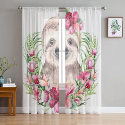 Aquarel Cartoon Luiaard Chiffon Transparante Gordijnen Voor Woonkamer Slaapkamer Decoratie Raam Tule Gordijnen Drapes 135W x 114H(cm) white