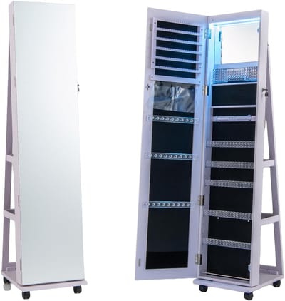 Sieradenkast met spiegel - Make-up organizer - Kleding en accessoires - Verstelbare LED-verlichting - 38 x 40 x 163 cm