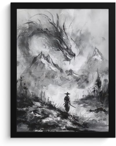 Poster in lijst - Fotolijst 30x40 cm - Posters - Krijger - Draak - Grijs - Posterlijst zwart - Decoratie - Wanddecoratie woonkamer - Muurdecoratie slaapkamer