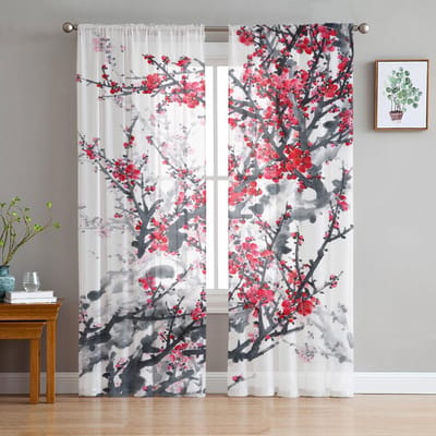 Inkt Pruimenbloesem Bloem Plant Transparante Gordijnen voor Woonkamer Decoratie Raamgordijnen voor Keuken Tule Voile Organza Gordijnen W135 x H115cm x1 white